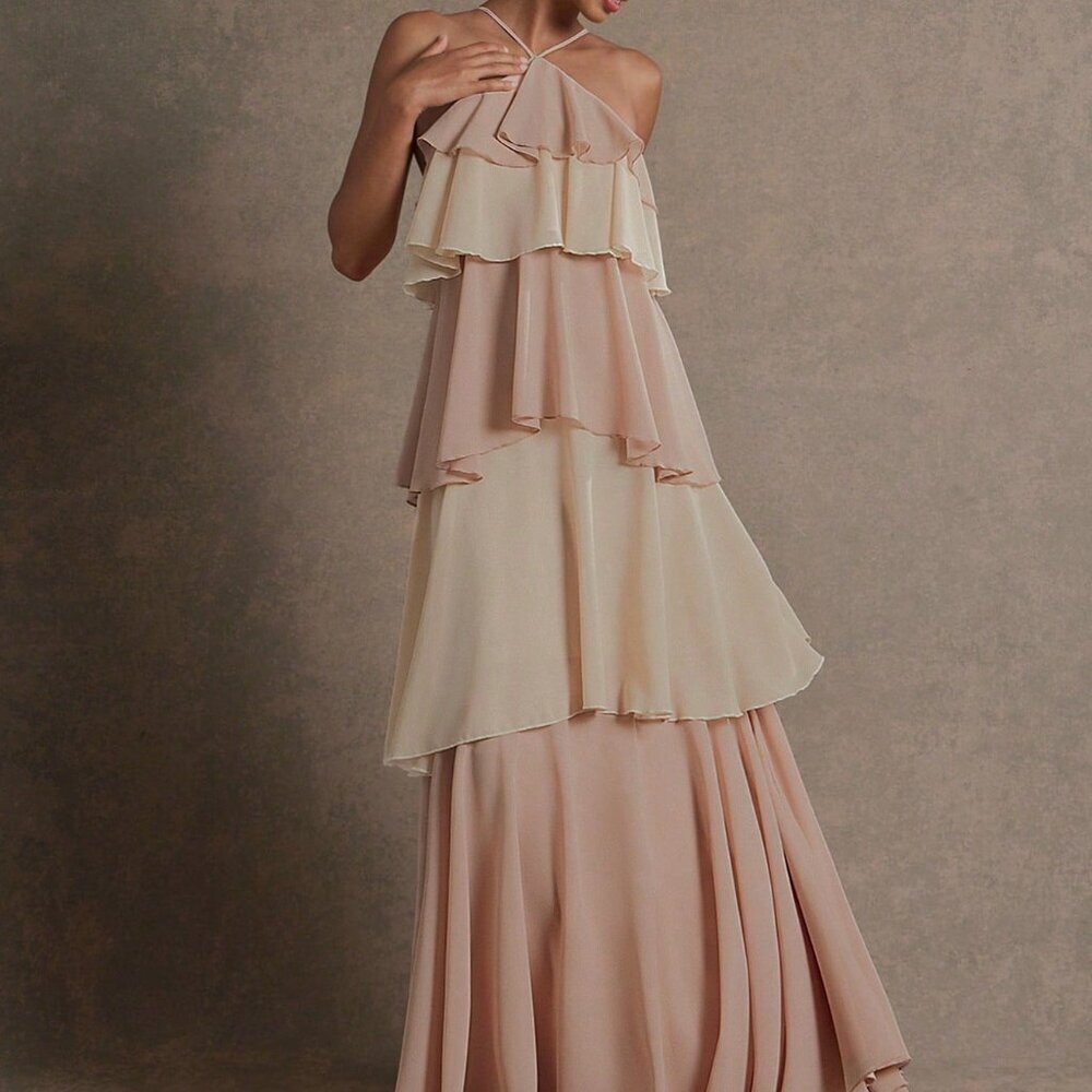 Multicolor Party Women's Colorblock Ruffle Hem Elegant Maxi Halter Dress
